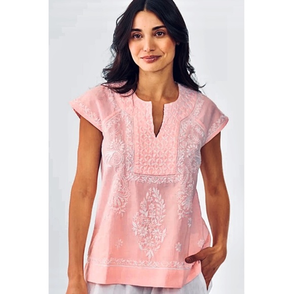 Roller Rabbit Faith Embroidered Cotton Top Size Medium Peach Coral White - Picture 1 of 9